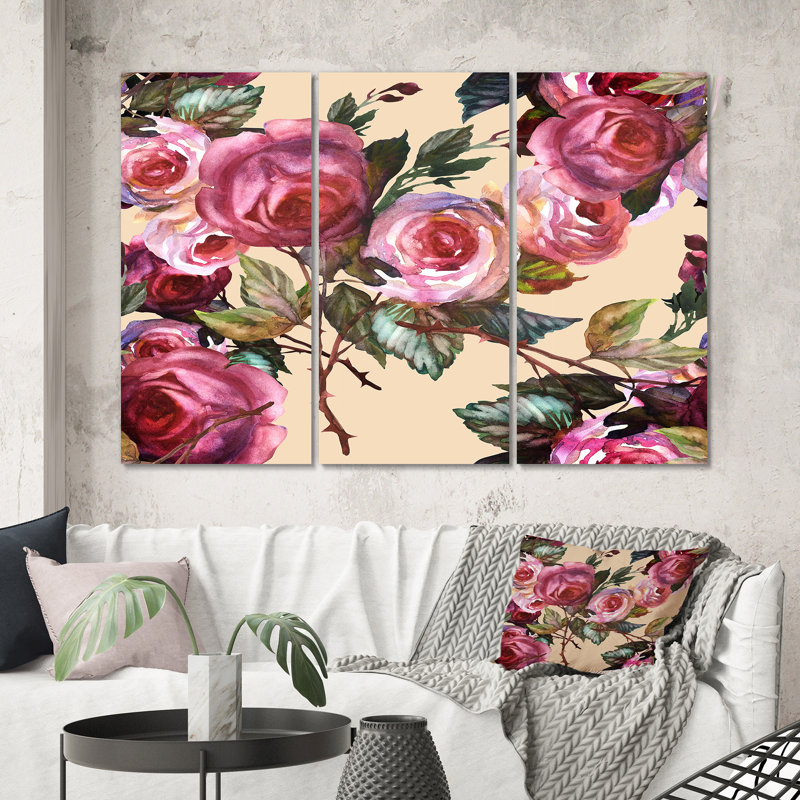 «Pink Vintage Roses On Yellow», reproduction d'art sur toile à motifs - PT40911, H 40 po x l 60 po x P 1 po