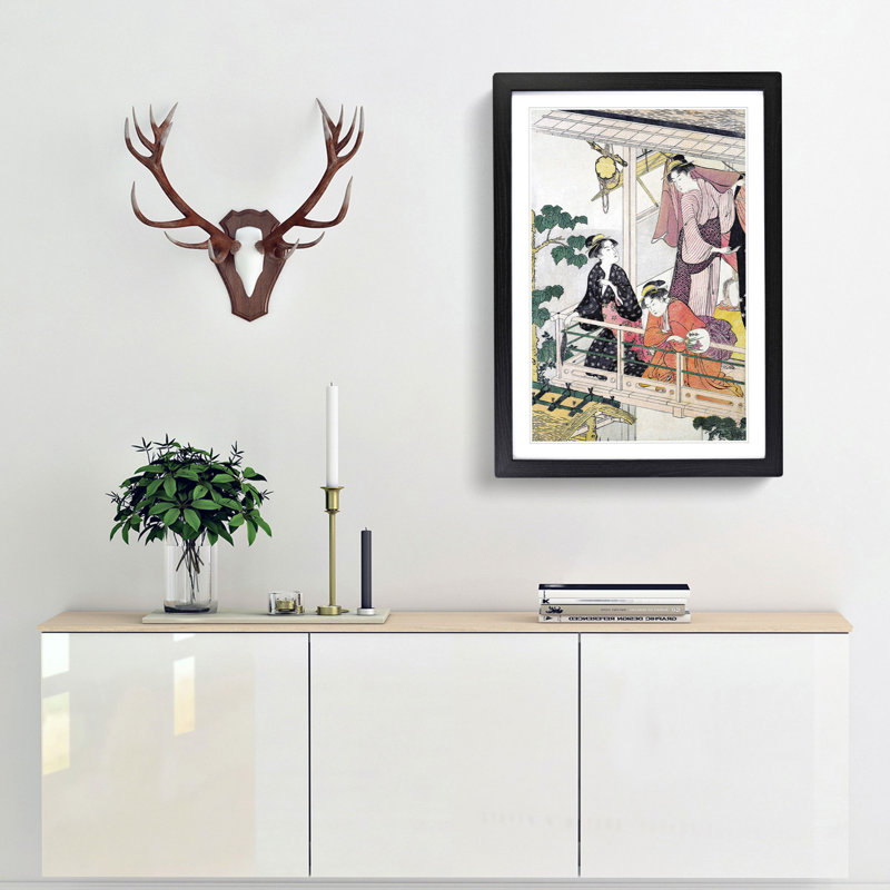 Three Women on a Balcony by Torii Kiyonaga - Picture Frame Painting Print, Black Framed, 36cm H x 27cm W x 2cm D