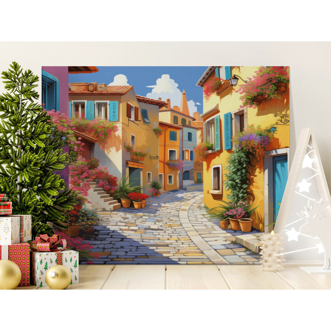 Italian Village Canvas Wall Art, Floral Street Scene, Gallery Wrapped Print, Ready to Hang, Archival Quality, Modern Decor, Statement Piece