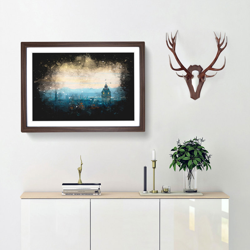 Edinburgh Skyline In Scotland Paint Splash - Picture Frame Graphic Art, Walnut Framed, 24cm H x 33cm W x 2cm D