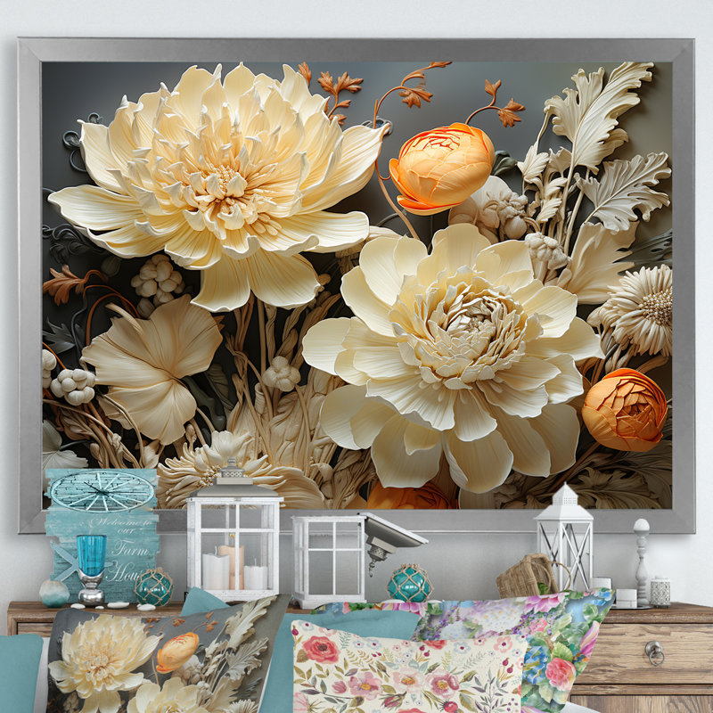 Ivoire floral complexe sur toile, H 16 po x l 32 po x P 1 po, Cadre simple argenté