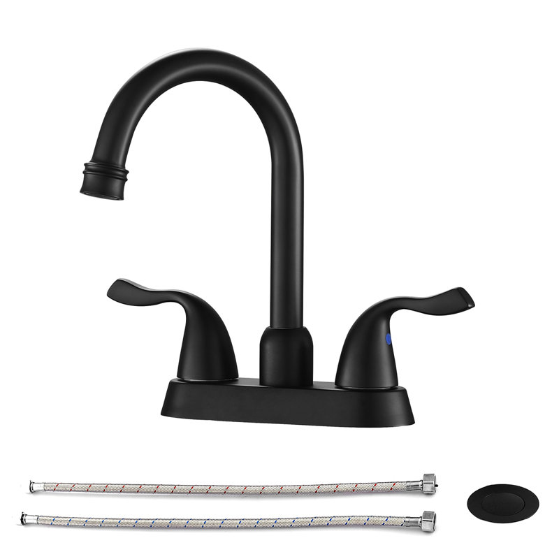 Robinet de salle de bain 4 pouces à 2 poignées avec drain escamotable et 2 conduites d'alimentation en eau, Noir mat