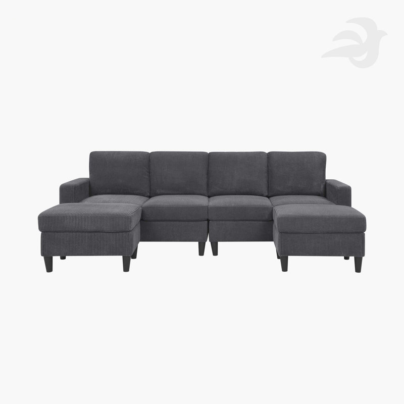 Canapé modulaire rembourré Cordory avec 2 repose-pieds Cordory, Velours côtelé gris foncé