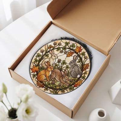 Rabbit Wreath Stained Glass Window Panel，7.8H