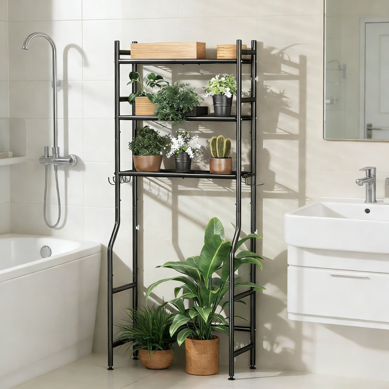 3-Tier Over The Toilet Storage Shelf With Toilet Paper Holder And Hooks, Space-Saving Bathroom Organizer Stand, No-Drill Installation, Sturdy Steel Construction
