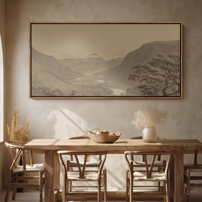 Grand art mural encadré sur toile - Paysage de vallée de montagne sépia avec rivière et collines lointaines - 60 po x 20 po, 60 po x 30 po