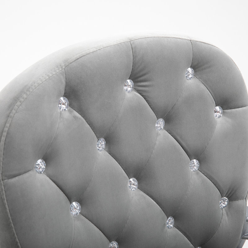 Chaise de bureau en velours gris à hauteur réglable, avec boutons, rembourrée, pivotante et incurvée, assise rembourrée et roulettes.