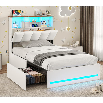 Upholstered Platform Bed Frame Twin Size with Charging Station, 4 Drawers and LED Lights, Heavy Duty, No Box Spring Needed