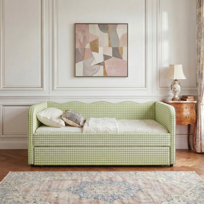 Gingham Upholstered Convertible Daybed Sofa Bed with Pull-Out Trundle, Wave Backrest, Storage Pockets