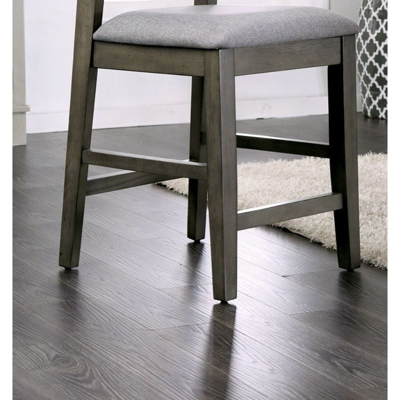 Chaises de salle à manger à hauteur de comptoir contemporaines en bois d'hévéa gris avec sièges rembourrés en tissu en A de 2 pour cuisine à panneau arrière