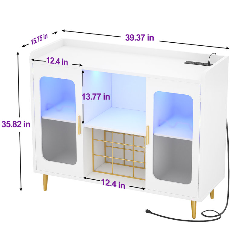 Xachary 40'' Wine Bar Cabinet with 4-Tier Storage for Glasses with LED Lights, Sideboard with Doors, White