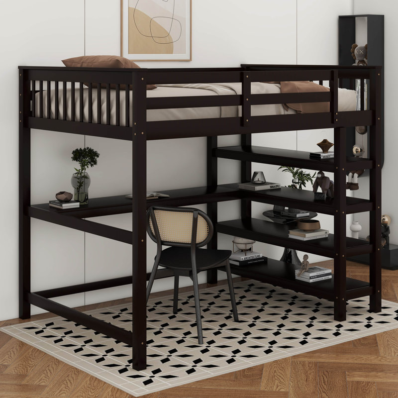 Lit mezzanine avec tablettes de rangement et bureau sous le lit, Lit double, Espresso