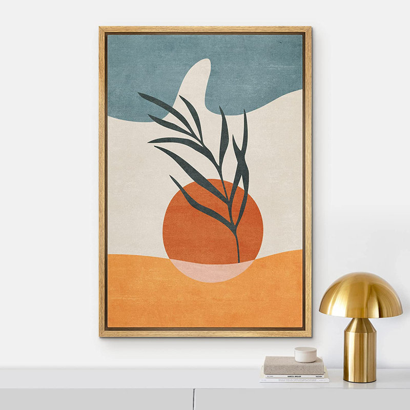 «Mid Mid Century Shape Art» Mid-Century Sunlight Palm Leaf Abstract Geometric Illustration - Floater Frame, impression sur toile
