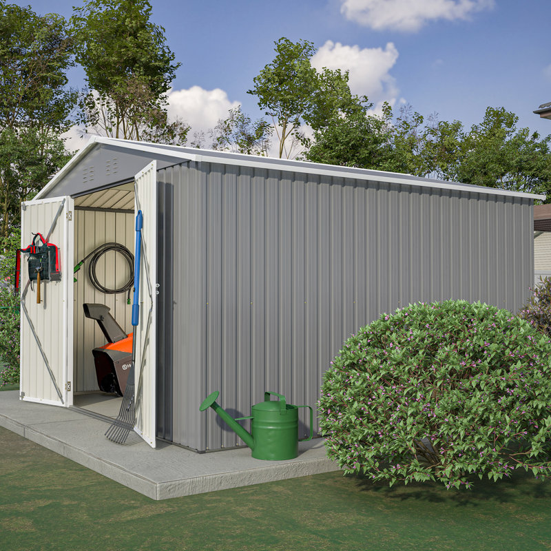 Remise de rangement extérieure grise 10 pi x 10 pi, structure galvanisée, portes verrouillables, ventilation et toit incliné, idéale pour l'acier de patio, idéale