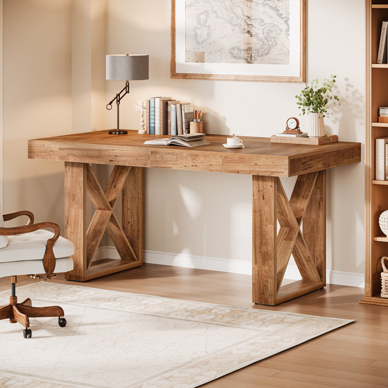 63'' Farmhouse Computer Desk with Thick Wood Top for Home Office, Oak