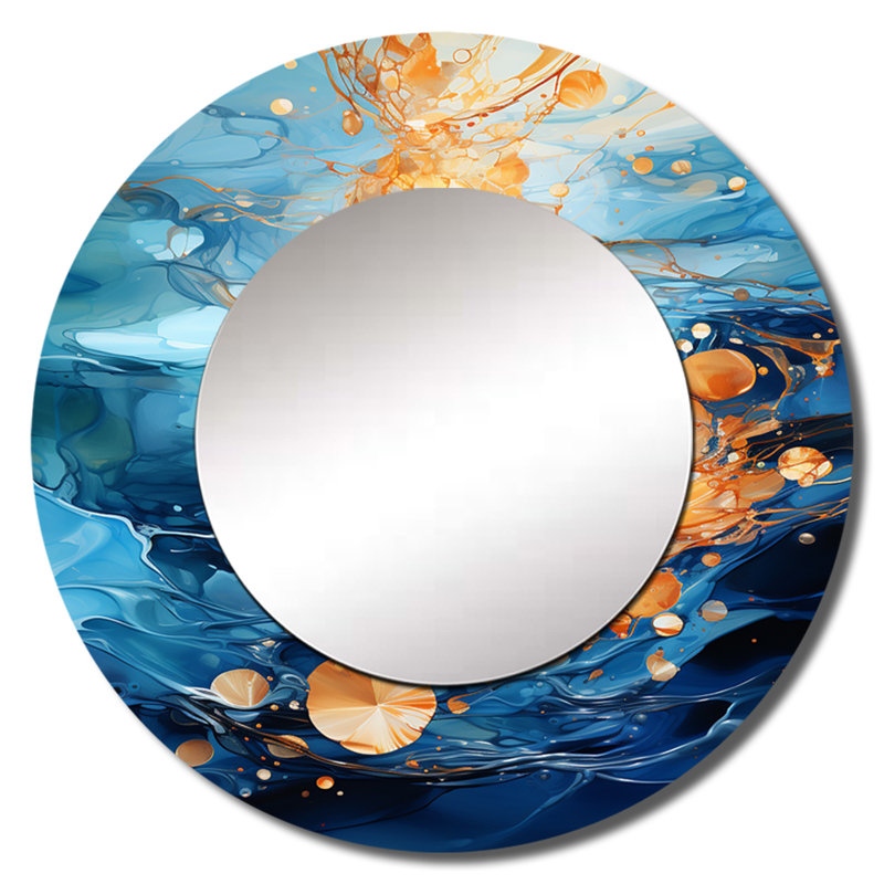 Bleu et doré abstrait River Reflections - miroir de rivière, miroir mural décoratif bleu, impression d'art en métal, Round