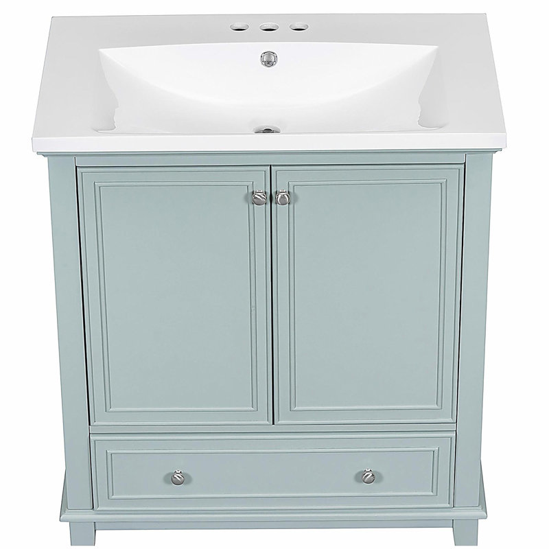 Ensemble de lavabo pour salle de bain de 30 pouces, armoire de bain multifonctionnelle avec porte et tiroir, structure en bois massif et panneau de fibres à densité moyenne