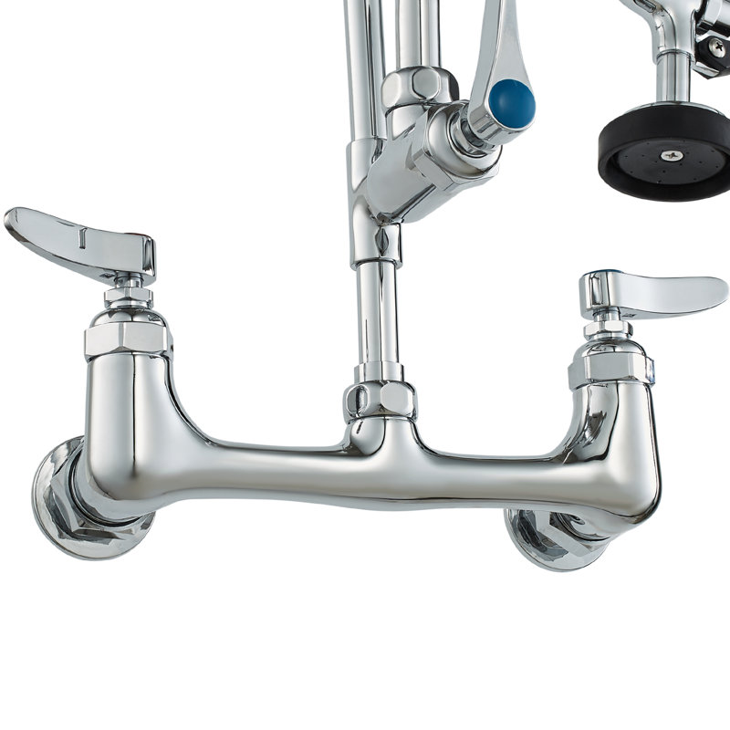 Commercial Faucet with Pre-Rinse Sprayer, 21" Height, 8" Center, 12" Swing Spout, Wall Mount Kitchen Sink Faucet, Brass Constructed Device with Pull Down Spray, for 1/2/3 Compartment Sink