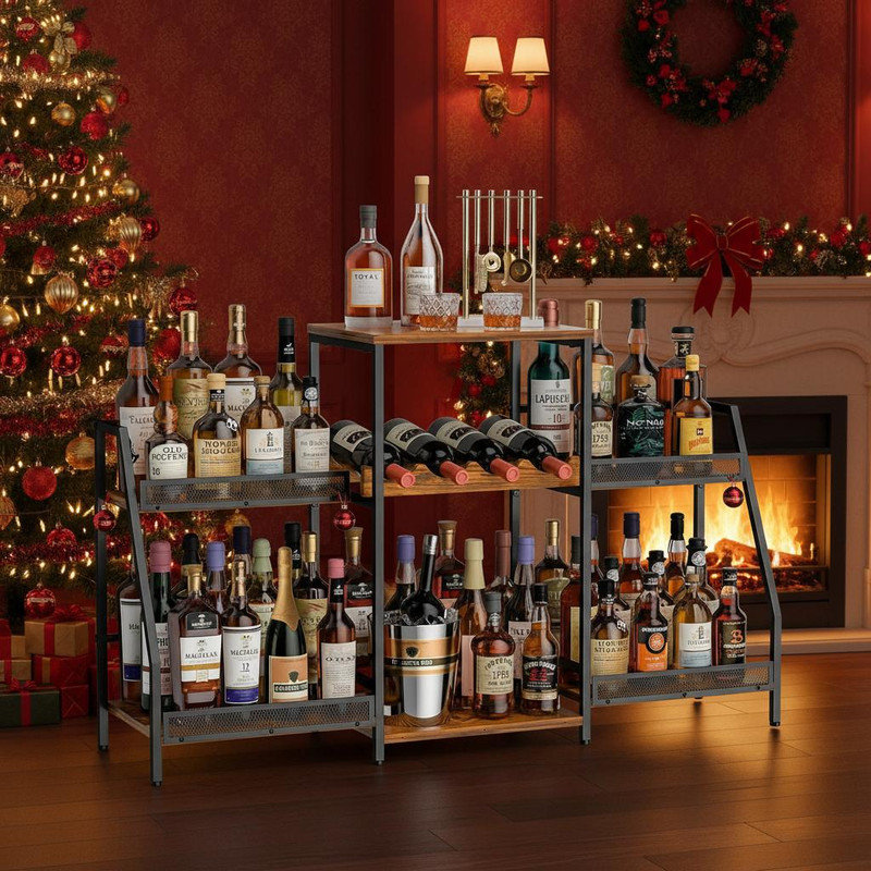 Liquor Cabinet with Fences, Wine Rack Freestanding Floor, 4 Tier Trapezoidal Bar Stand, Expanded Capacity Bar Cabinet for Liquor & Wine Storage