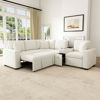 120.5" L-Shaped Convertible Sofa Bed Modular Sectional Sofa Reversible Sleeper With Pull-Out Bed, Cup Holders, And Ample Storage Space For Living Room