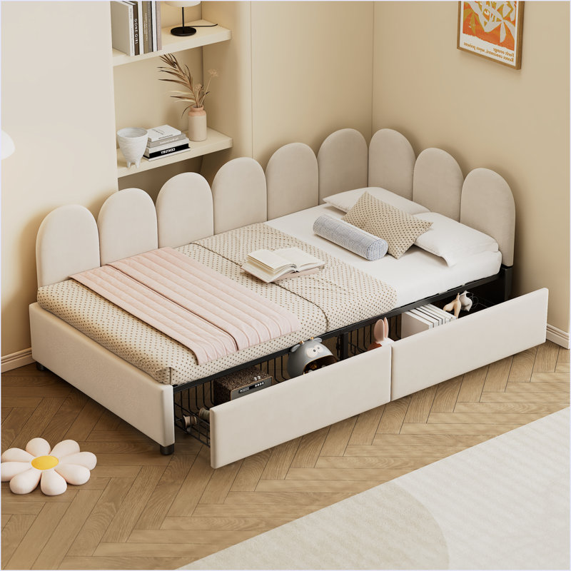 Canapé-lit en velours avec tête de lit en tissu doux, Simple, Beige