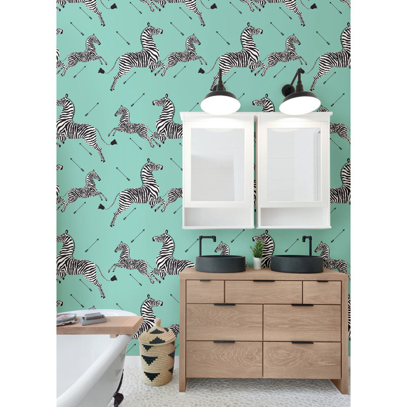 Zebra Vinyl Peel & Stick Wallpaper Double Roll, Aqua