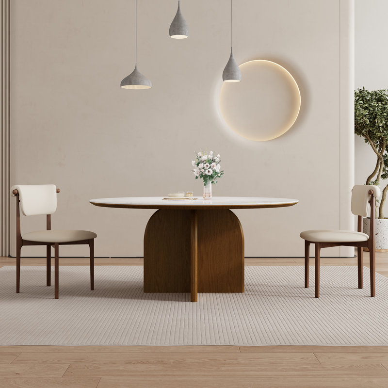 59" Modern Round Dining Table, Glossy White Sintered Stone, Solid Wood for 6-8, 30.31"H x 59.06"L x 59.06"W, Dark Wood
