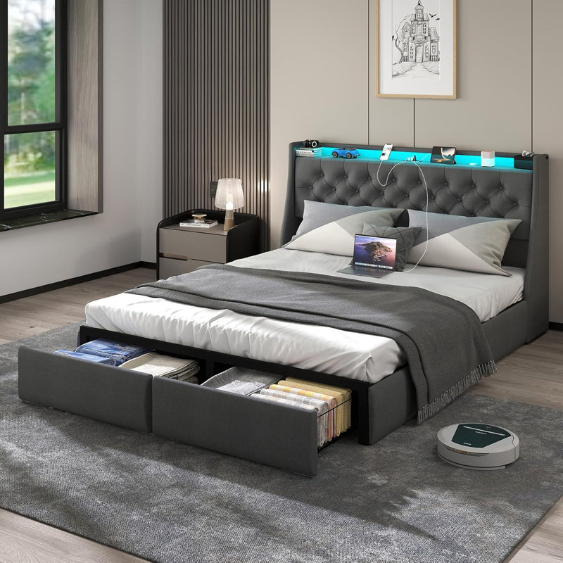 Upholstered Storage Platform Bed with 2 Drawers, Bed Frame with Storage Headboard, Charging Station and LED Lights, Full