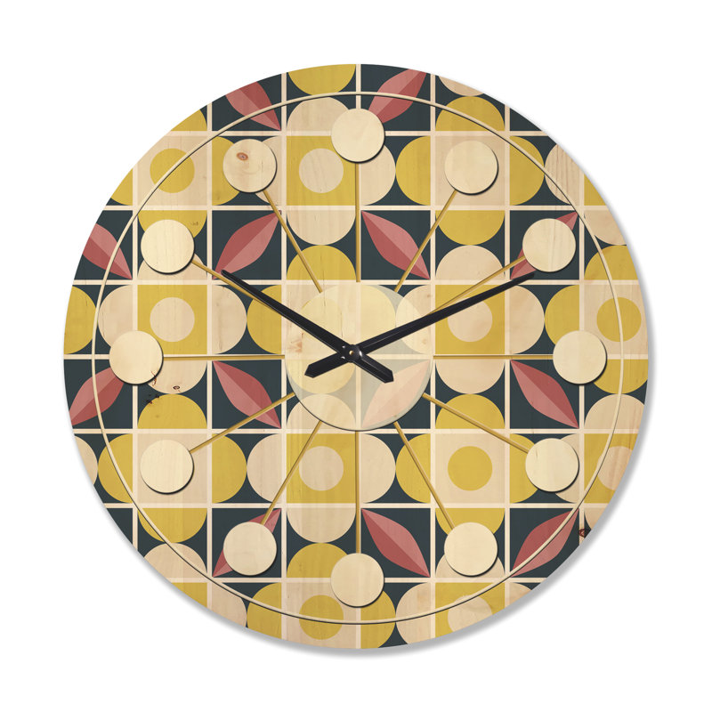 Motif rétro en mosaïque - horloge murale en bois Mid-Century, Très grand