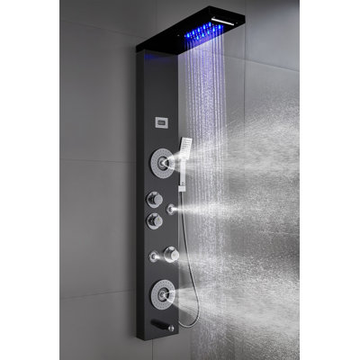 Système de tour de douche à inverseur à 6 voies avec pomme de douche à pluie à DEL, noir brossé