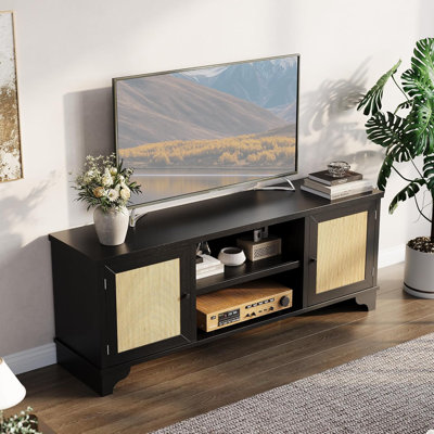 Meuble télé en rotin pour le salon - Meuble audio-vidéo en bois moderne pouvant accueillir un téléviseur de 70 po ou moins - Console multimédia avec tablette de rangement - Idéal pour la décoration intérieure - 