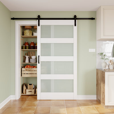 42"x84" 4-Lite Frosted Glass and Manufactured Wood Sliding Barn Door with Installation Hardware Kit