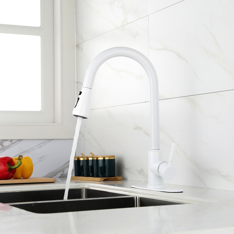 Robinet de cuisine en acier inoxydable en blanc, douchette extractible pour un accès pratique à l'eau, buse rotative à 360 °, deux modes de sortie, fonctionnement simple à une poignée blanche avec douchette et conception contemporaine.