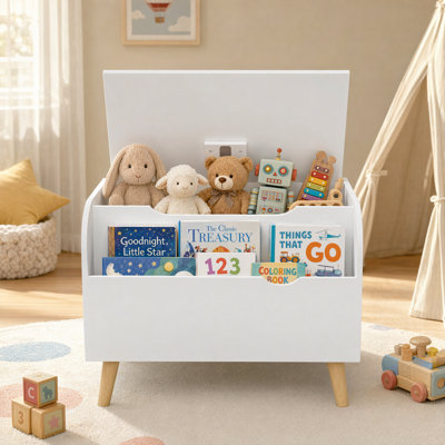 Kids Toy Chest with Safety Hinge & Front Book Storage Compartment, Wooden Toy Storage Box with Solid Wood Legs, Freestanding Toddler Book and Toy Organizer for Nursery, Playroom, Kids Bedroom, White