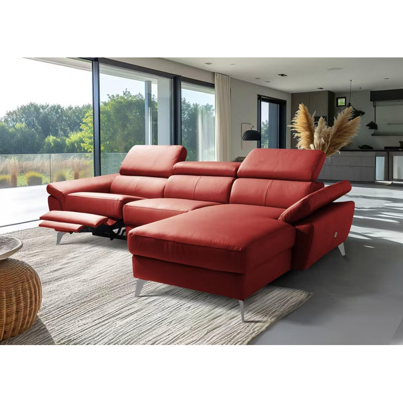 Milton Keynes Italian Leather Electric Reclining Corner Sofa with Adjustable Headrests and Adjustable Armrests, Red