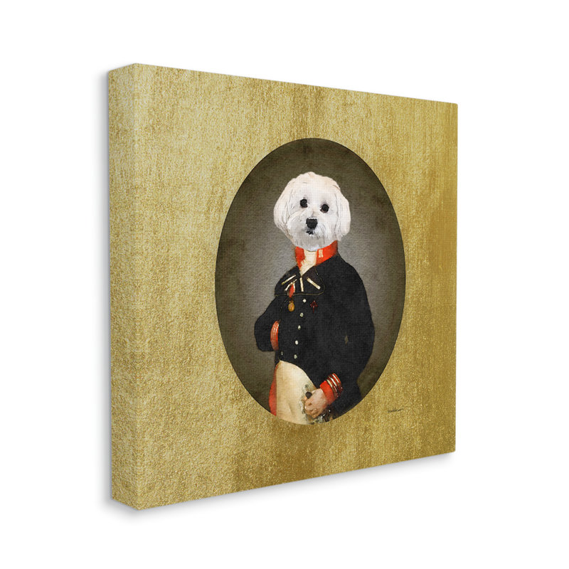 " Funny Classic Vintage Style White Dog Wearing Military Uniform " by Amanda Greenwood, Wrapped Canvas, 17" W x 17" H