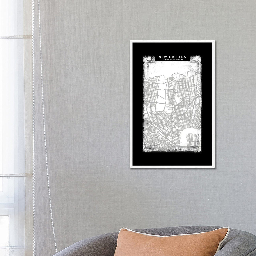 New Orleans Stadtplan Schwarz Weiß Grau Stil von WallDecorAddict - Gallery-Wrapped Canvas Giclée on Canvas