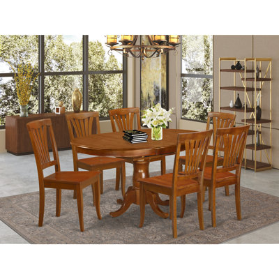 7 Piece Dining Table Set Consist of an Oval Dining Room Table with Butterfly Leaf and 6 Wood Seat Chairs, Saddle Brown