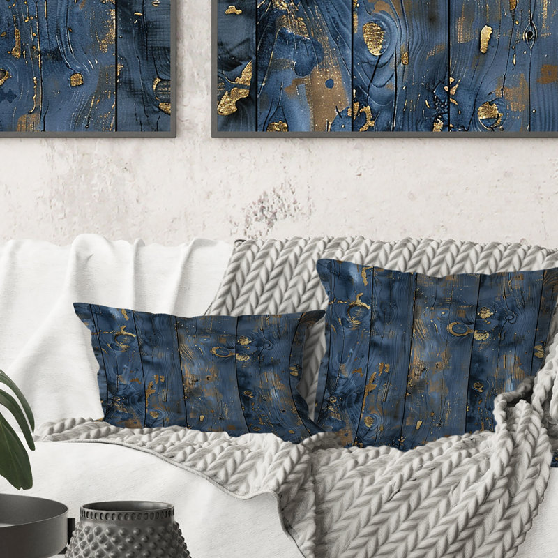 Bleu marine et bois récupéré doré II - Coussin Farmhouse, Carrée, 16" x 16"
