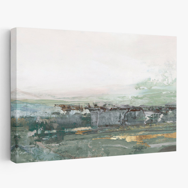 «Misty Horizon Over Weathered Landscape», paysage abstrait et paysage marin abstrait, art texturé, H 16 po x l 24 po