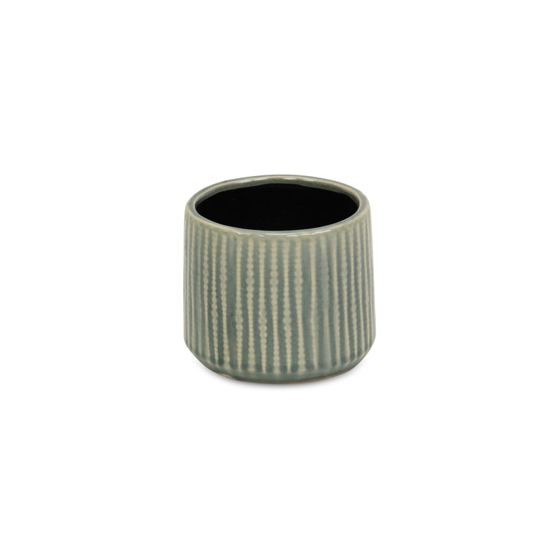 Green Ceramic 25 Ounce Striped Round Distressed Pot Planter