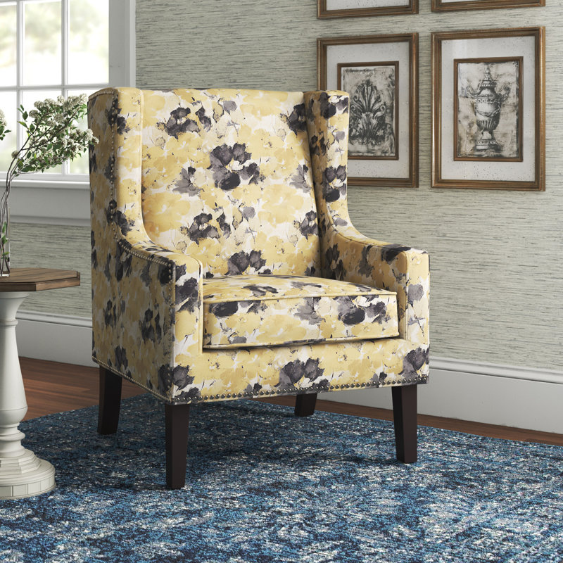 Pennard Modern Nailhead Wide Wingback Chair, Yellow/Gray Polyester Blend