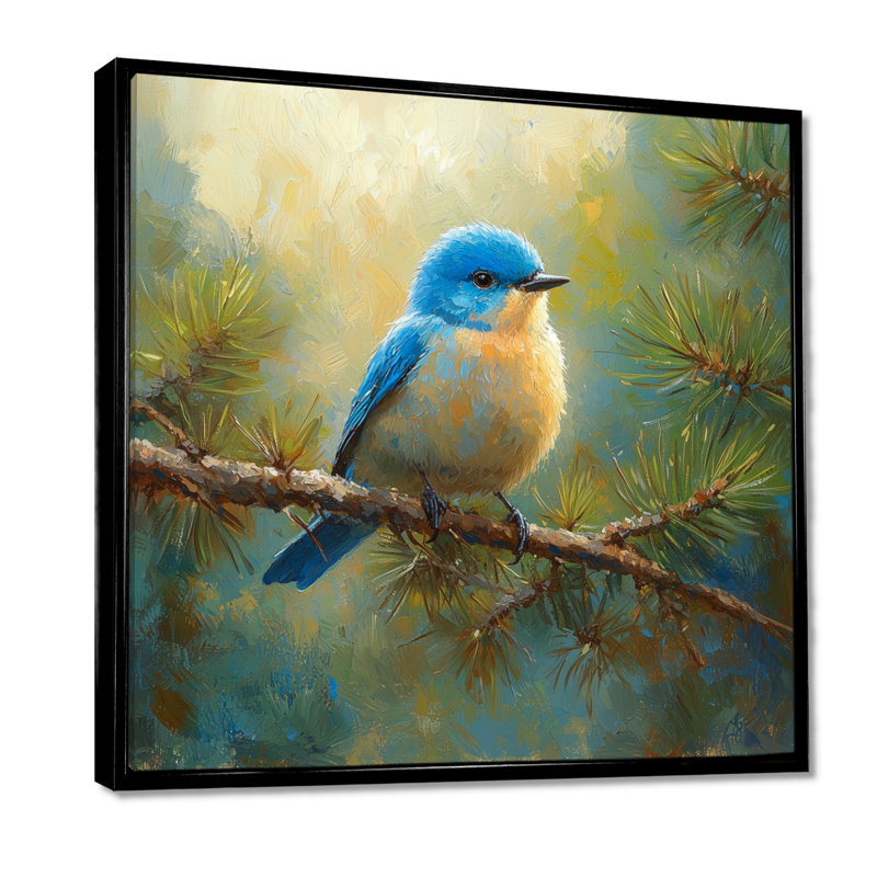 «Cheery Bluebird In The Pines I», art mural oiseau, Impression encadrée flottante, H 16 po x l 16 po, Noir
