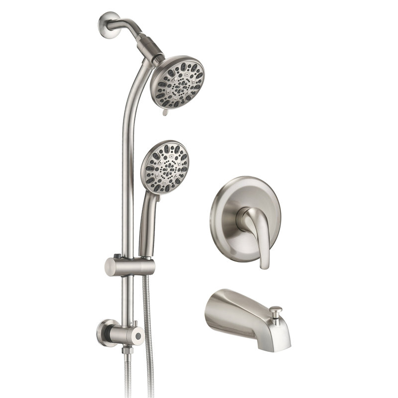 Drill-Free Stainless Steel Slide Bar Combo Rain Showerhead 7-Setting Hand, Dual Shower Head Spa System With Tup Spout (Rough-In Valve Included)