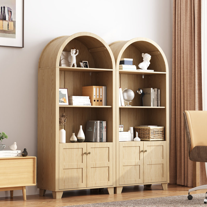 Bibliothèque de rangement arquée de 70,9 po de hauteur avec tablettes ouvertes et armoire, Chêne naturel