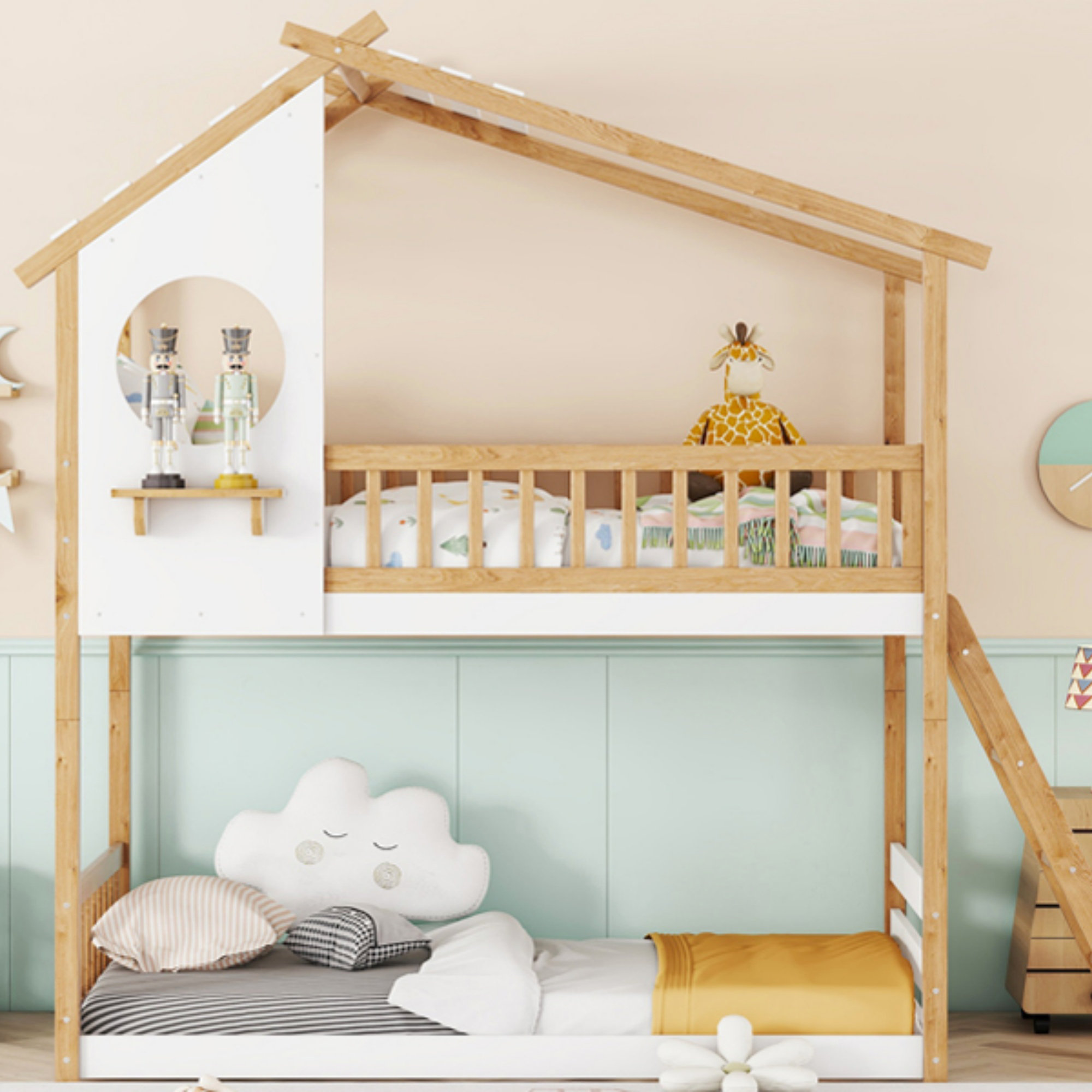 Ophelia & Co. Twin Over Twin Bunk Bed With Playhouse Roof, Window, And ...