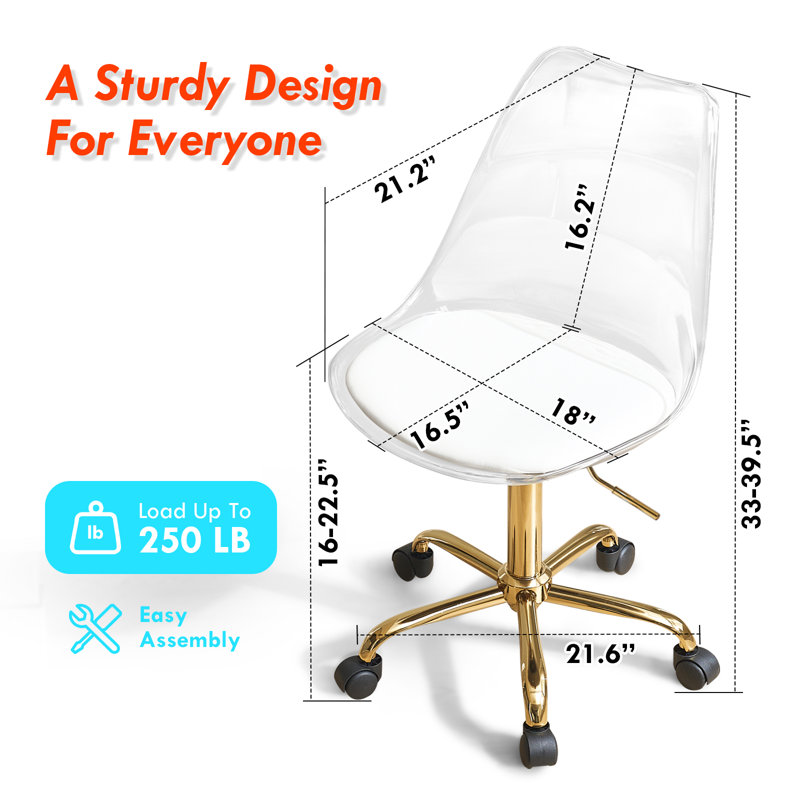  Clear Acrylic Desk Chair, Modern Small Acrylic Home Office Chairs with Wheels, Armless Swivel Vanity Rolling Chair for Office, Home,Gold