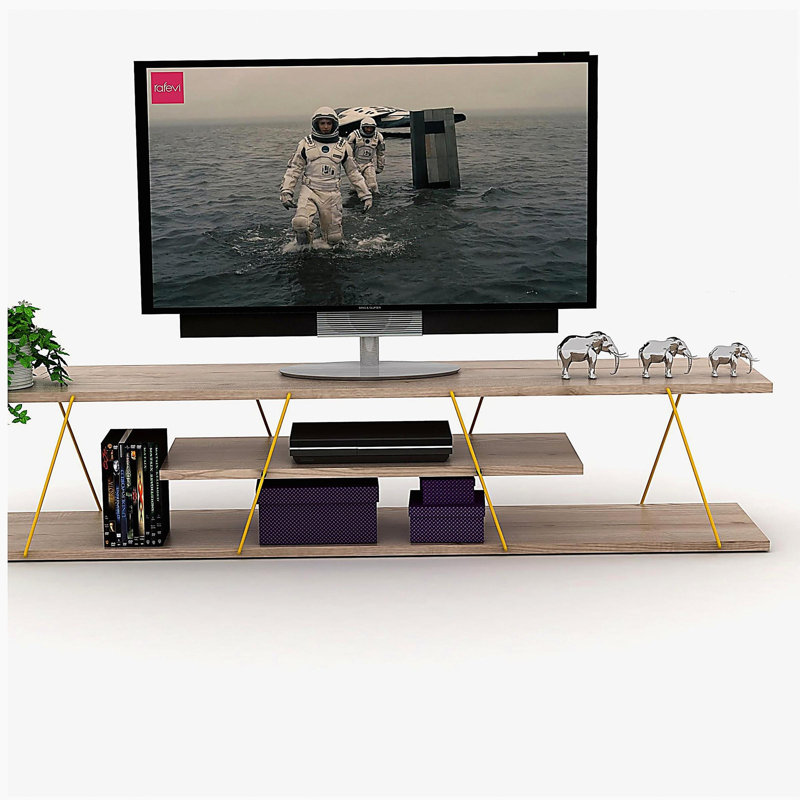 Meuble télé médiéval 4 niveaux avec rangement et rangement en fil métallique pour meuble télé 56 po, Chêne / doré