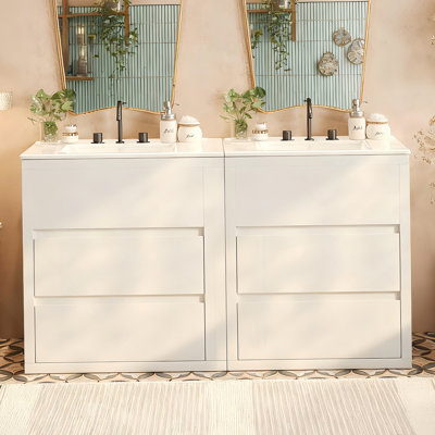 Ensemble de meuble-lavabo double avec lavabos séparés, tiroirs pleine extension, glissières à fermeture en douceur pour des salles de bain pratiques et élégantes
