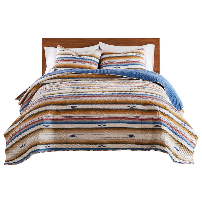 Sapphire Blue and Red Southwestern Reversible Full Quilt Set